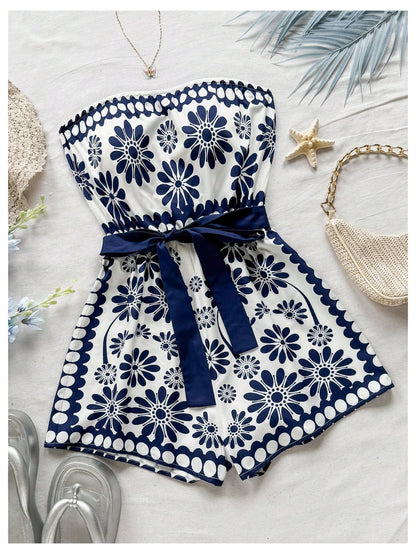 SweatyRocks Women's Summer Boho Strapless Romper Floral Sleeveless Short Jumpsuits Beach Vacation Clothes Dark Blue Medium