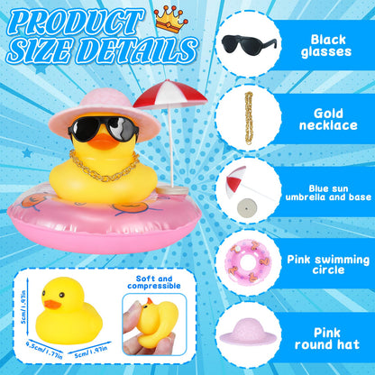 Rubber Duck Car Decorations with Pink Sun Hat, Umbrella & Sunglasses, Funny Dashboard Accessories for Cars, DIY Cute Duck Ornaments with Squeak Sound