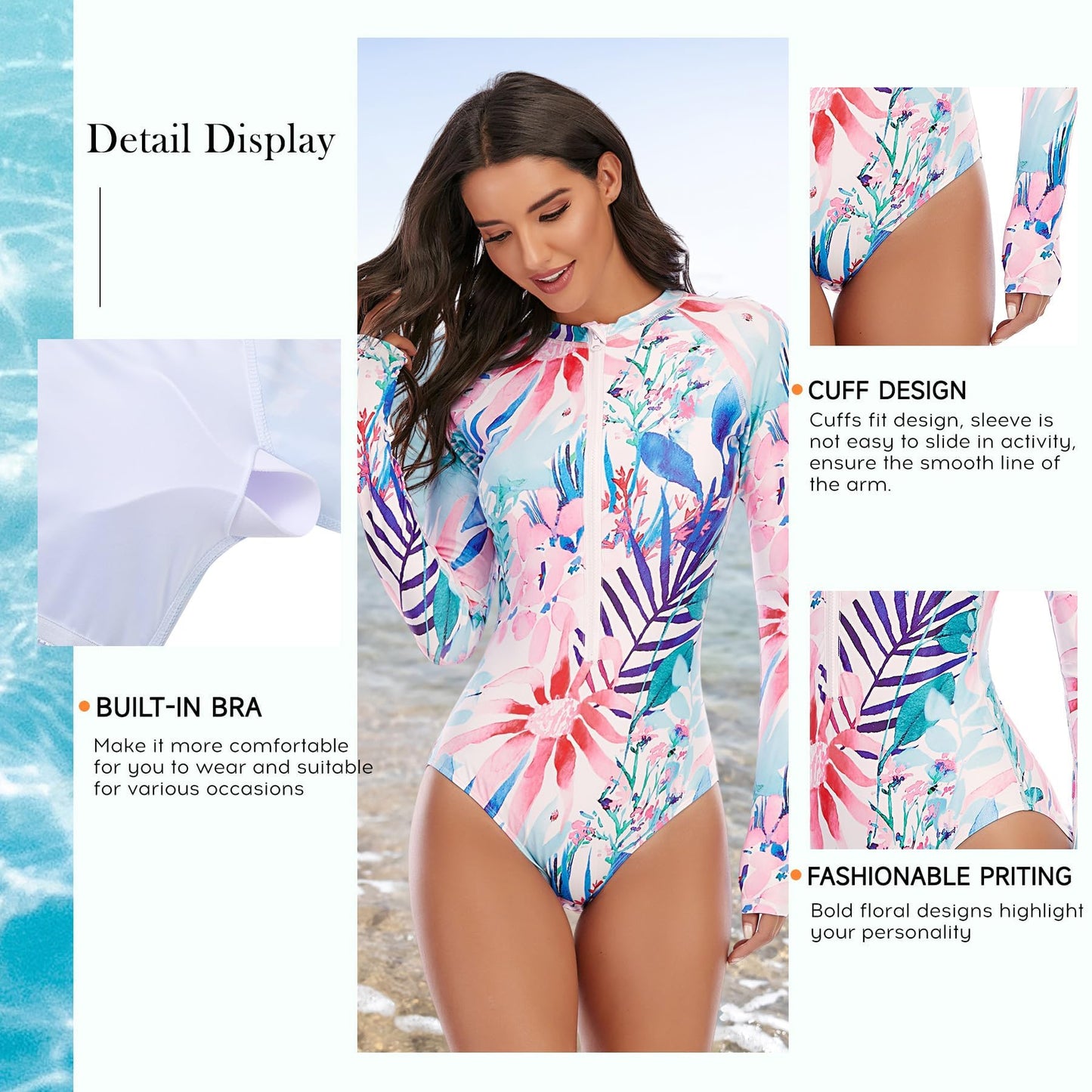 Zando Women's UPF 50+ UV Protection Long Sleeve Rash Guard Swimsuit - Full Coverage Quick Dry 1 Piece with Built-in Padded Bra Zip, Swimwear for Surfing Water Sport, Baby Blue (Size 10-12)