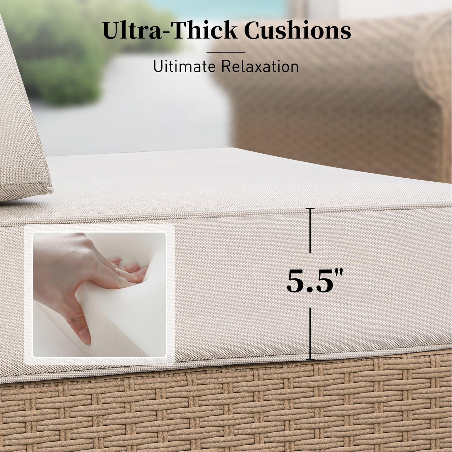 Patio Furniture Set 6 Piece, Wicker Rattan Sectional Sofa Couch with 5.5" Thick Waterproof Cushion and Coffee Table, L Shape All Weather Outdoor Conversation Set for Lawn Backyard Deck, Beige