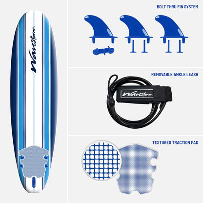 Wavestorm - Classic Soft Top Foam 7ft Surfboard Surfboard for Beginners and All Surfing Levels Complete Set Includes Leash and Multiple Fins Heat Laminated, Blue Pinline (AZ22-WSSF700-PIN)