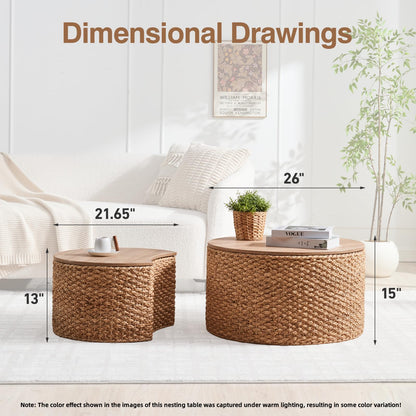 Giofanzo Round Nesting Coffee Table Set of 2 with Storage - Handwoven Wicker Rattan Ottoman Style, Boho Coastal Coffee Tables for Living Room, Rattan Coffee Table with Cover & Soild Wood Frame