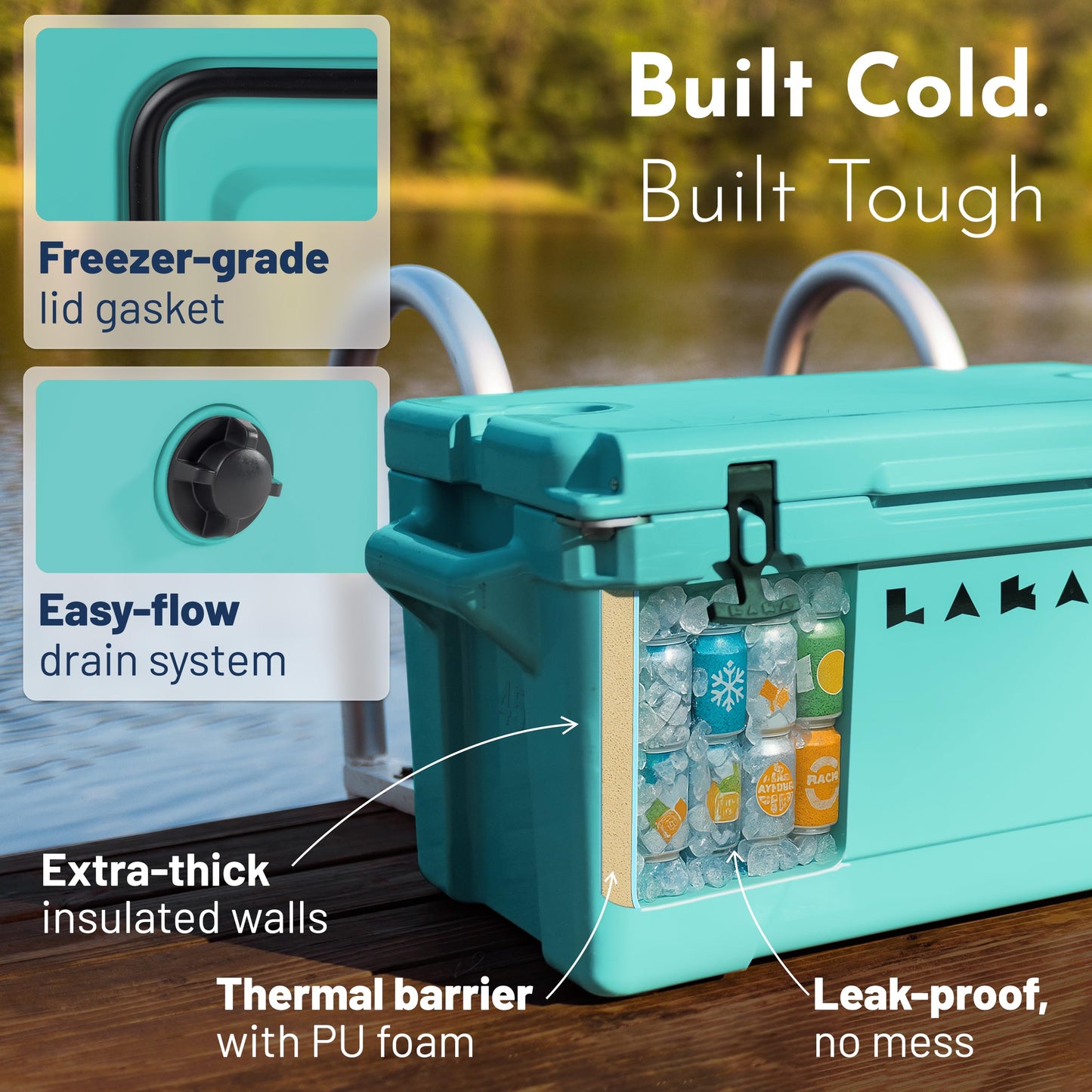 Laka Cooler – 45 Quart Rotomolded Hard Cooler, Insulated Ice Chest Holds 36 Cans/45lb Ice, Up to 10 Days Cold, Drain Plug + Basket, Non-Slip Feet, Beach Boat Camping Tailgate - Seafoam