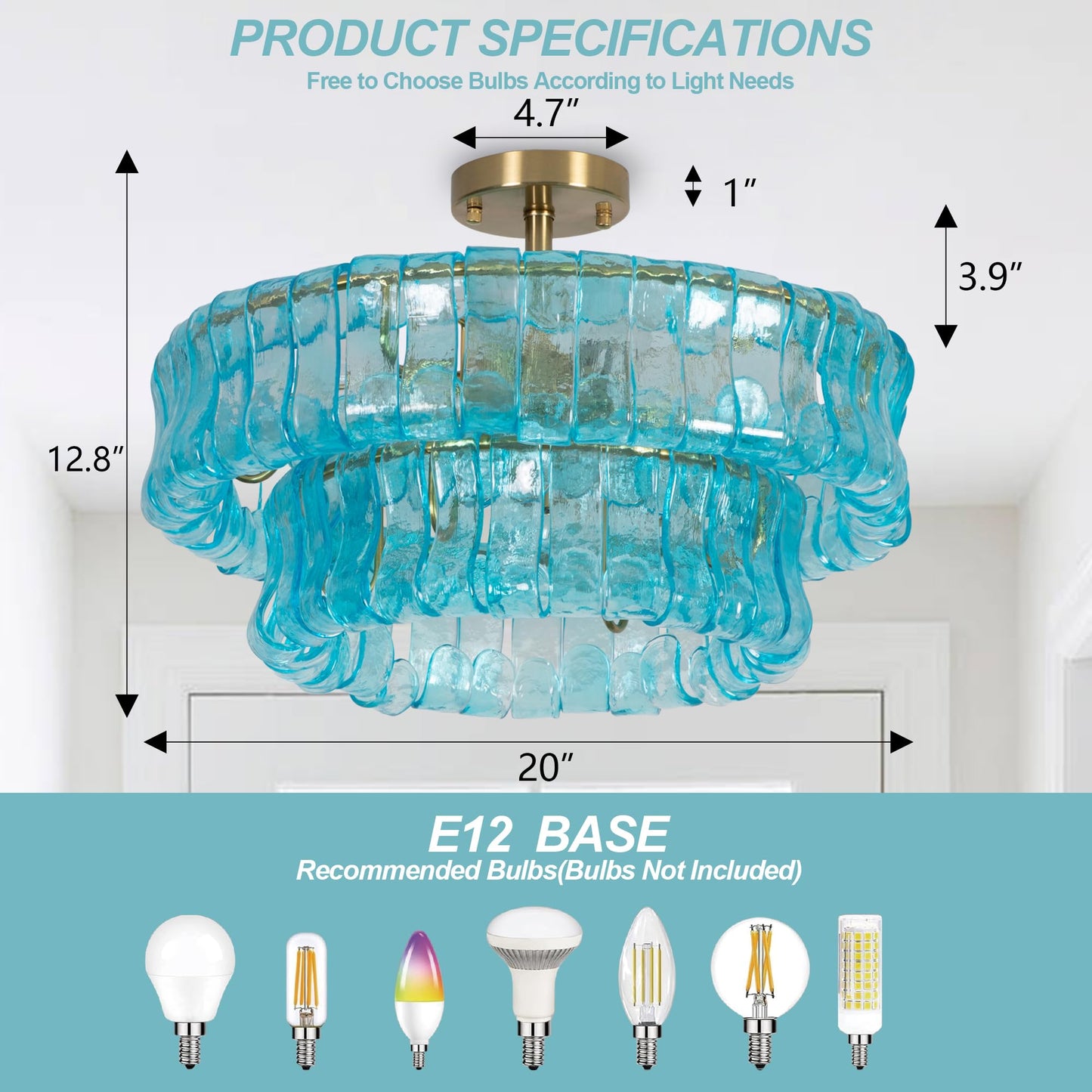 Maxax 20" Coastal Blue Glass Chandelier, Modern 6-Light Round Drum Ceiling Light Fixture, Electroplated Copper E12 Base, for Entryway, Living Room, Bedroom, Kitchen, Dining Room