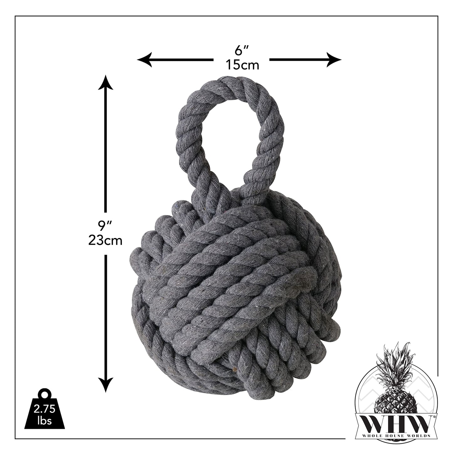Nautical Knot Door Stopper, Set of 2, Grey and White, Natural Jute Rope, Hand Tied, Loop Handle, 6 D x 9 H inches, Weighted, 5.5 Pounds Together