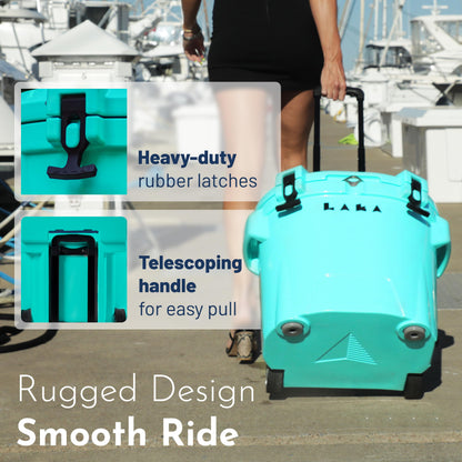 Laka Cooler with Wheels – 30QT Rotomolded Insulated Rolling Hard Cooler, Telescoping Handle, Holds 24 Cans + Ice, Up to 7 Days Cold, Drain Plug, Cup Holders + Bottle Opener, Beach/Camping | Sea Foam