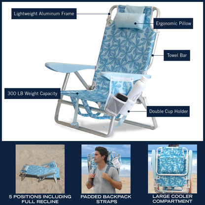 Nautica Beach Chair, Five Position Backpack Chair, Portable & Adjustable with Padded Pillow and Cup Holders and Attached Insulated Cooler Bag
