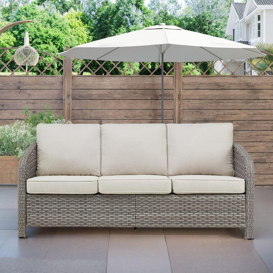 Belord 73" Wicker 3-seat Patio Sofa Couch, All Weather Outdoor Rattan Wicker Sofa High Back Couch with Wide Armrest, Comfy Cushion, Patio Conversation Set for Deck Backyard Garden(Grey/Beige)