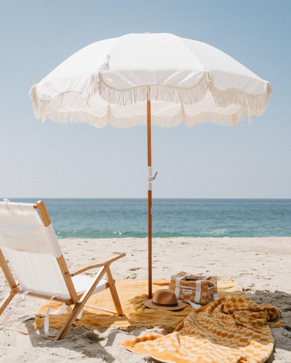 Business & Pleasure Co. Premium Beach Umbrella - Luxury Boho Beach Umbrella with White Fringe, UPF 50+ UV, Wood Pole, 6' x 7', Antique White