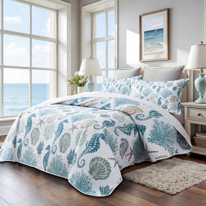 Coastal Bedding King Size Coastal Quilt with 2 Shams, Nautical Beach Comforter Sets Ocean Bedspreads Blue Seahorse Coverlet Summer Bedding, 96''x106''