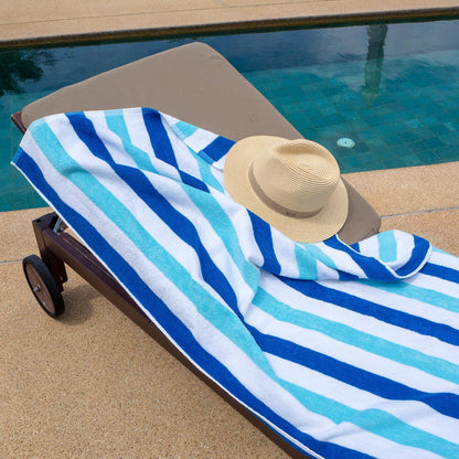 Arkwright Cabo Cabana Stripe Beach Towel - Pack of 4 - Large Soft Quick Dry Cotton Terry Towels for Pool, Swim, and Hot Tub, Oversized 30 x 70 in, Tropical Breeze/Skydive Blue