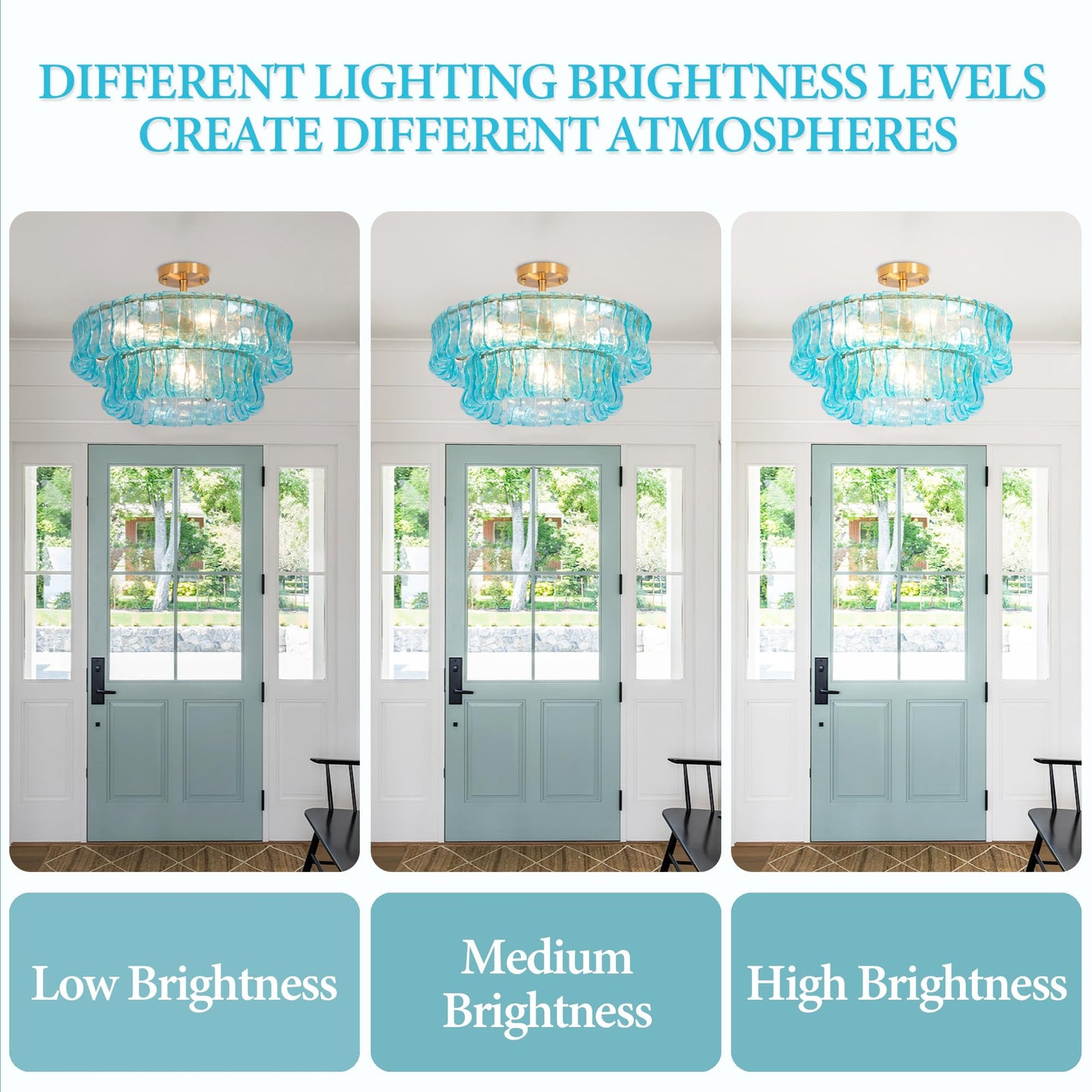 Maxax 20" Coastal Blue Glass Chandelier, Modern 6-Light Round Drum Ceiling Light Fixture, Electroplated Copper E12 Base, for Entryway, Living Room, Bedroom, Kitchen, Dining Room