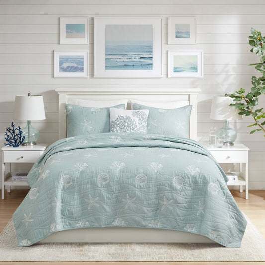Harbor House Seaside Reversible Cotton Quilt Set Coastal Clam, Starfish, Coral Embroidery, All Season, Pre-Washed Coverlet Bedding Layer, Decorative Pillow, King/Cal King(108"x90") Seafoam 4 Piece