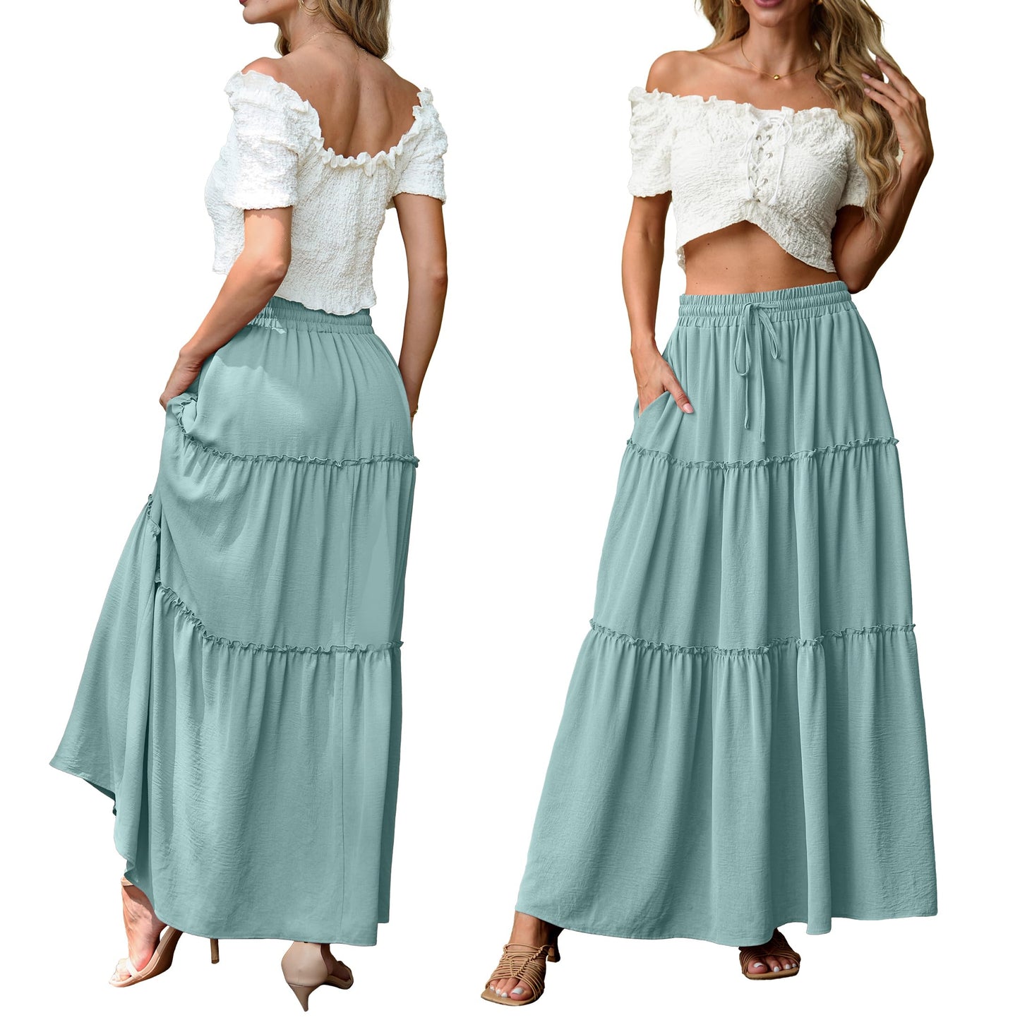 Lepunuo Casual Boho High Waisted Flowy Maxi Skirts Womens Trendy Spring Skirts with Pockets
