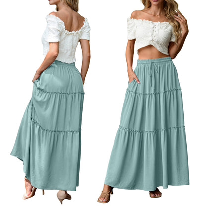Lepunuo Casual Boho High Waisted Flowy Maxi Skirts Womens Trendy Spring Skirts with Pockets