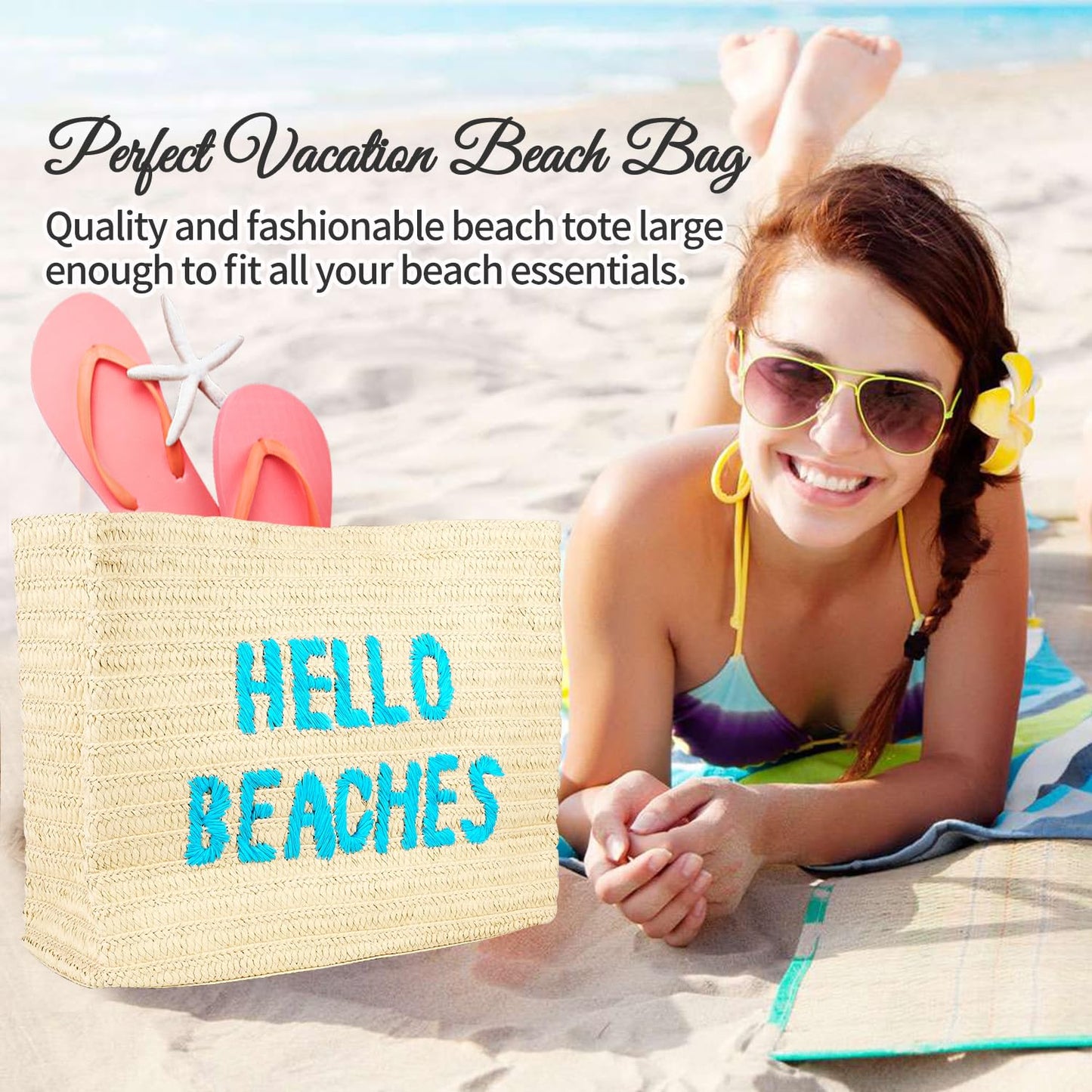 Hello Beaches: beach bags for women vacation. A packable straw bag that folds flat. A large tote bag are beach essentials. Use as a travel beach bag. Take this Beach Tote Bag on Vacation