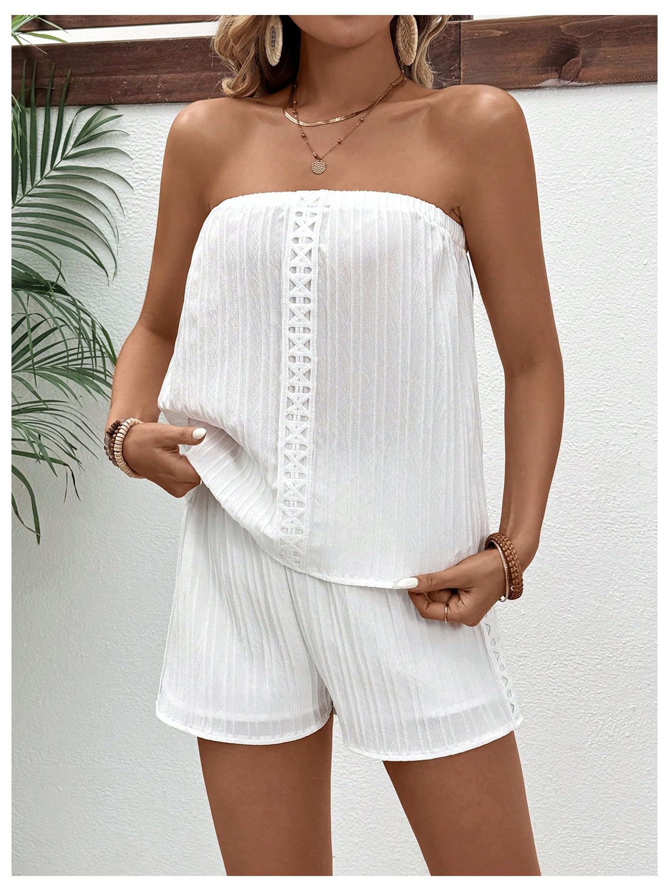 SweatyRocks Women's 2 Piece Boho Textured Tube Top with Wide Leg Shorts Set Summer Outfits White Medium
