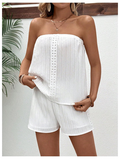 SweatyRocks Women's 2 Piece Boho Textured Tube Top with Wide Leg Shorts Set Summer Outfits White Medium