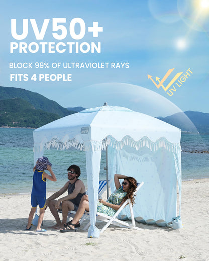 OutdoorMaster Beach Cabana with Fringes, Portable 6' x 6' Beach Canopy for Sand, Easy Set Up Sun Shelter, Included Side Wall, UPF 50+ UV Protection Sun Umbrella - for Family & Friends -Wave Point