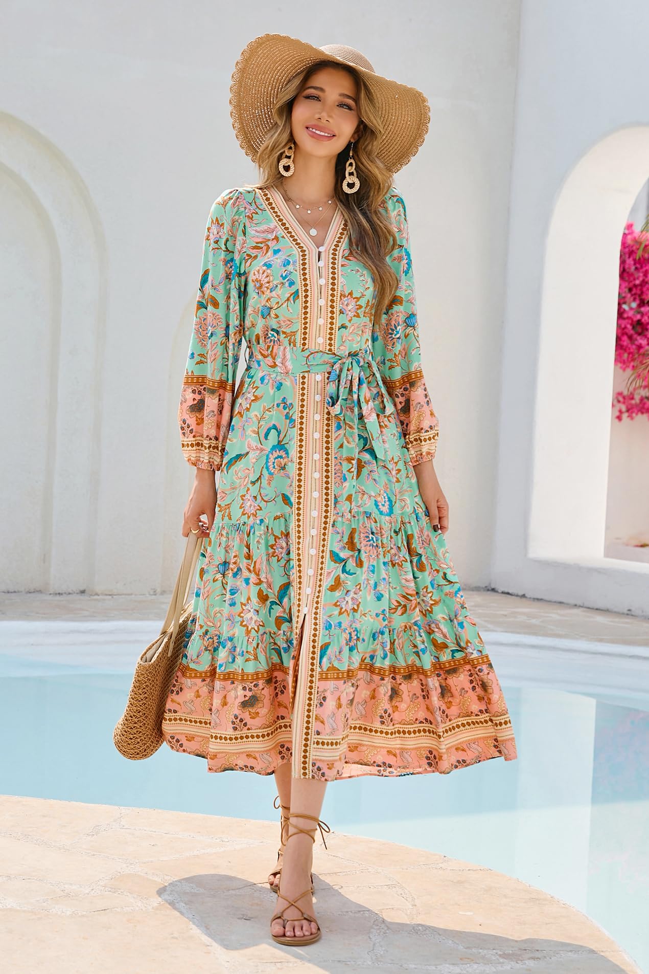 R.Vivimos Women's Long Sleeve Boho Midi Dress V Neck Floral Print Casual Button Down Loose Ruffle Beach Long Dress with Belt (X-Large, Aqua)