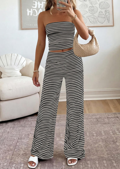 PRETTYGARDEN Two Piece Striped Sets for Women Summer Travel Outfits 2026 Spring Y2K Going Out Vacation Clothes Loungewear (Grey Black,Small)