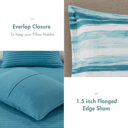 Madison Park Marina Comforter Quilt Combo Set - Modern Luxury Design, All Season Down Alternative Bedding, Matching Shams, Decorative Pillows, King/Cal King(104"x92"), Aqua 8 Piece
