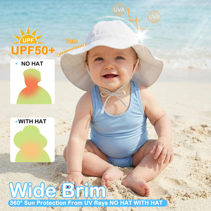 Zando UPF 50+ Baby Sun Hats 0-6 Months - Wide Brim Baby Bucket Hat 0-6 Months with Adjustable Strap Summer Newborn Infant Sun Hats for Babies 0-3M for Beach Pool Camping Walking Trips Party Beige XS