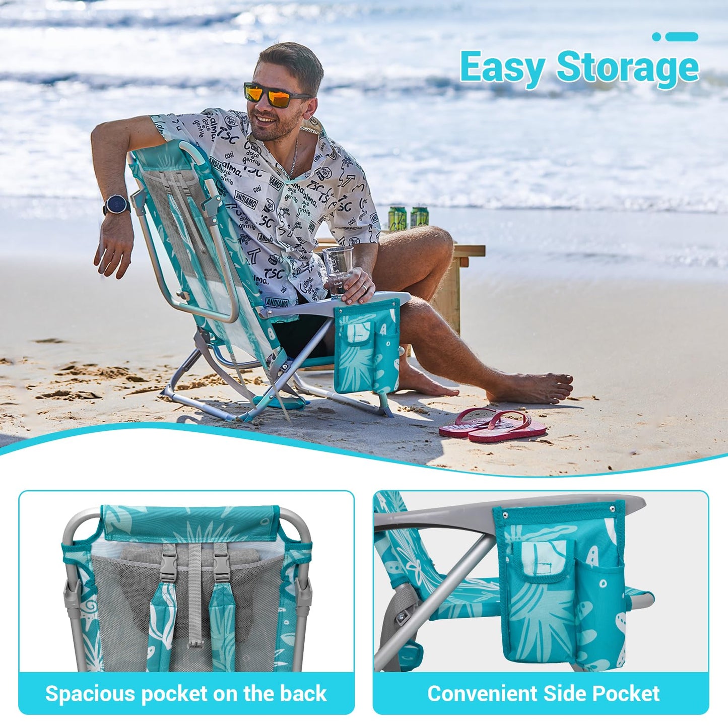 #WEJOY Beach Chair for Adults, Reclining Adjustable Position,Lay Flat Lightweight Folding Portable Aluminum Chair with Backpack Straps,Padded headrest, Heavy Duty 400 lbs Lawn Chair for Beach, 2 Pack