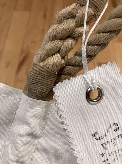 Sea Bags Recycled Sail Cloth Breton Stripe White Anchor Large Tote Bag Beach Bag Tote, Large Travel Carryall, Tote Bag for Work with Rope Handles. Made in the USA