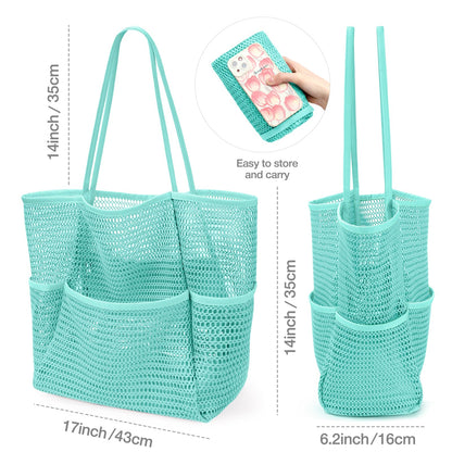 KPX Mesh Beach Bag, Tote Bag for Women Large Foldable Mesh Swimming Bag with Pockets - Sandproof, Waterproof (Blue-Style2)