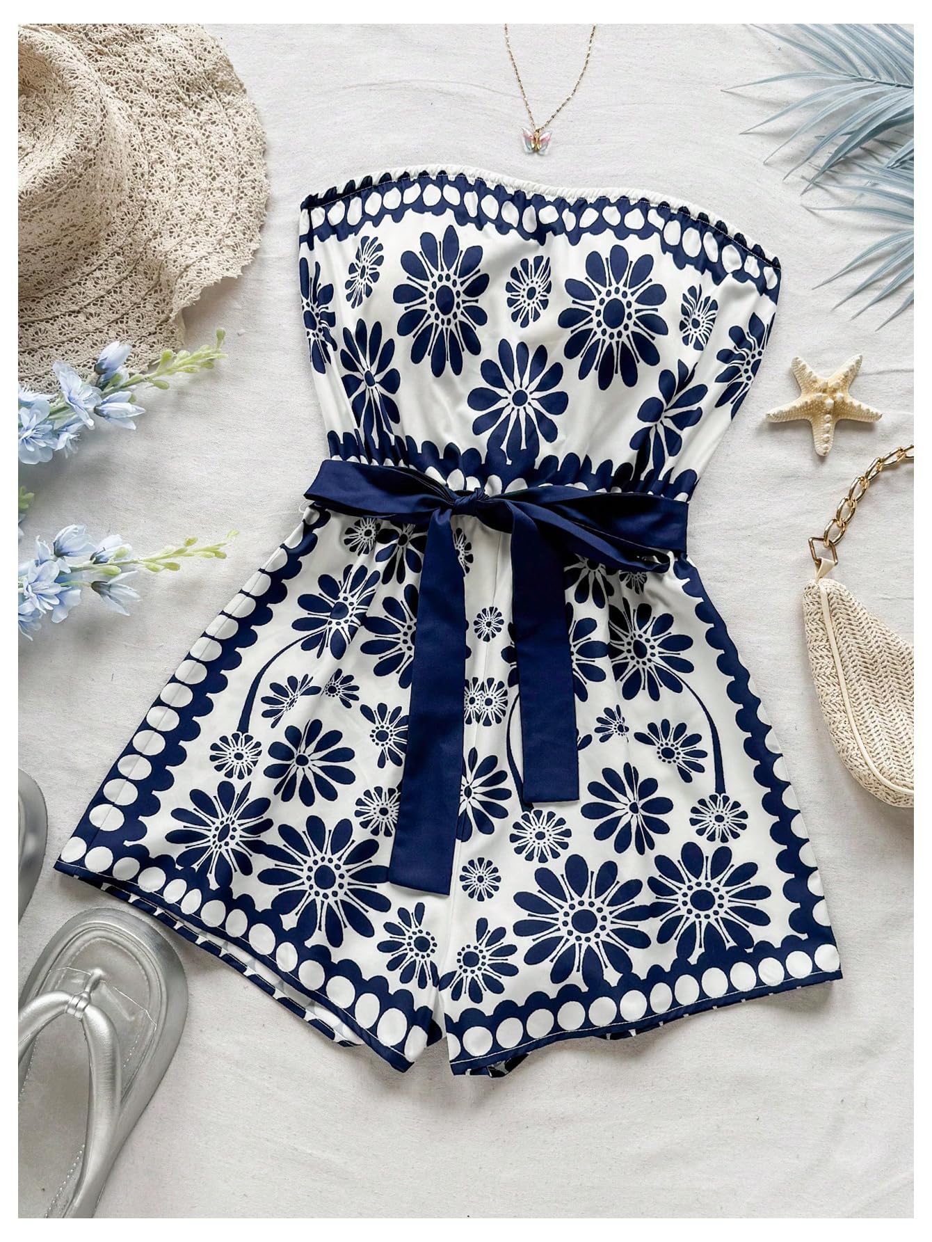 SweatyRocks Women's Summer Boho Strapless Romper Floral Sleeveless Short Jumpsuits Beach Vacation Clothes Dark Blue Medium