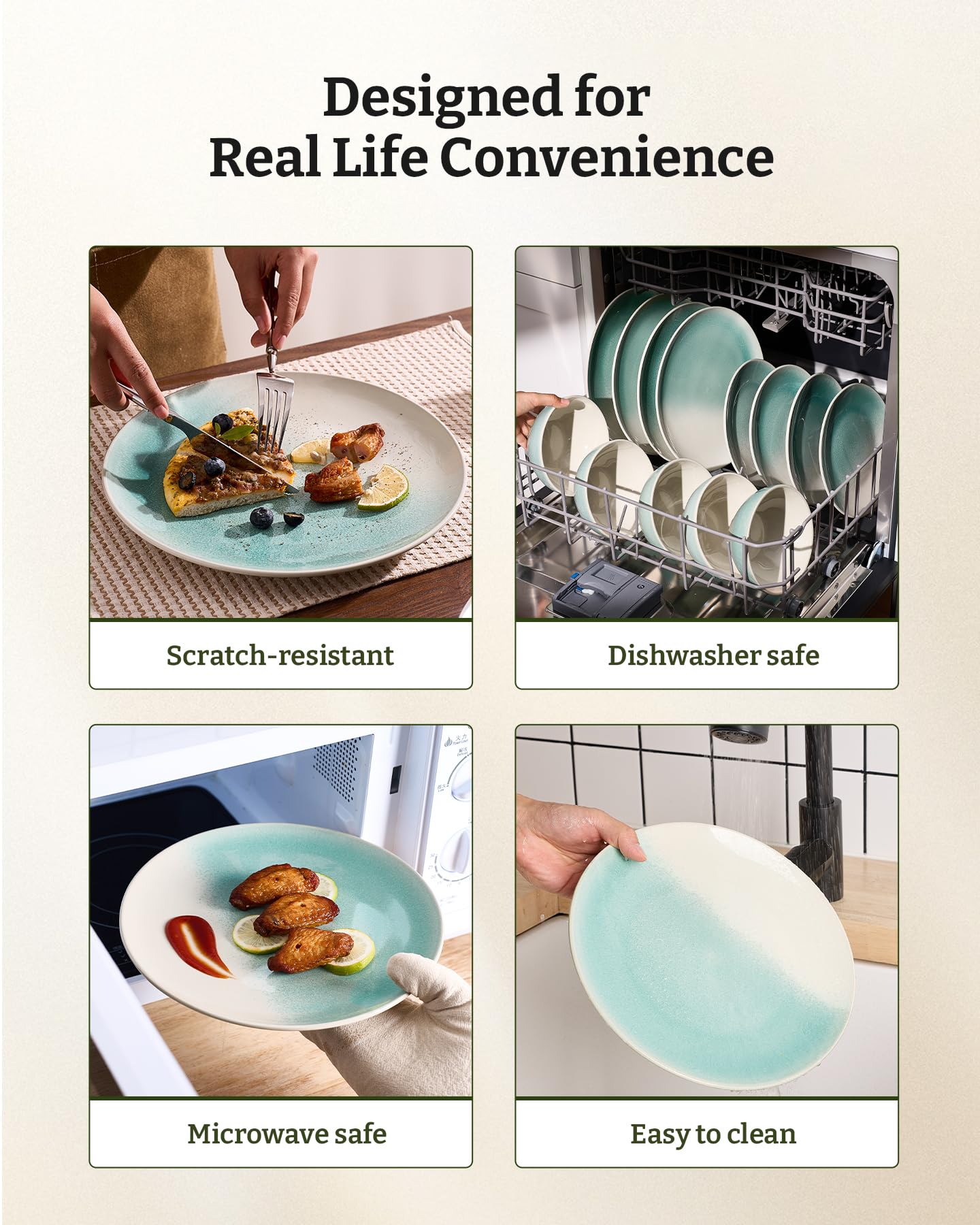 Famiware Glacier Stoneware Dinnerware Sets, Plates and Bowls Sets, 12 Pieces Kitchen Dishes Set for 4 - Dishwasher and Microwave Safe, Chip and Scratch Resistant, Aqua