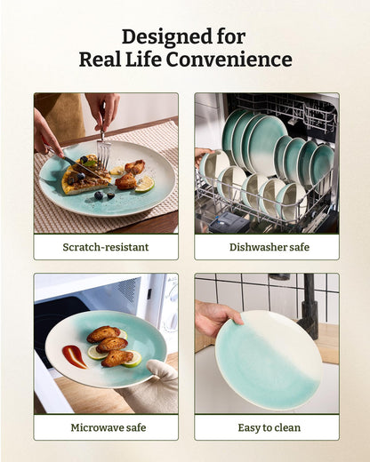 Famiware Glacier Stoneware Dinnerware Sets, Plates and Bowls Sets, 12 Pieces Kitchen Dishes Set for 4 - Dishwasher and Microwave Safe, Chip and Scratch Resistant, Aqua