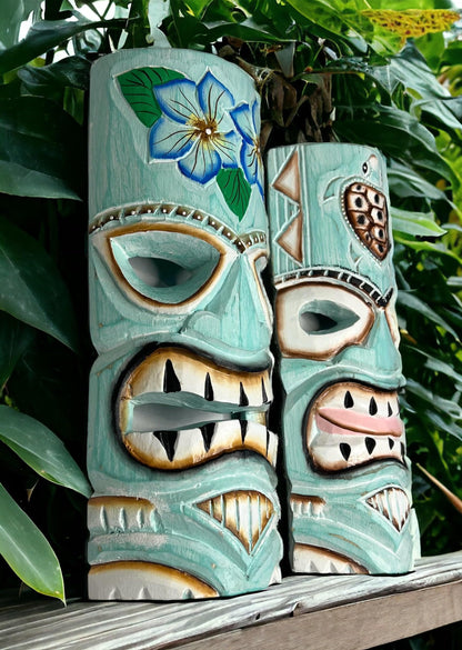 Top Brass Set of 2 – Aqua Teal Tiki Mask – Unique Hand Carved Wall Hanging or Freestanding Sculpture – Tropical Polynesian Flowers and Hawaiian Sea Turtle – Tribal Party Beach Luau Bar Decor