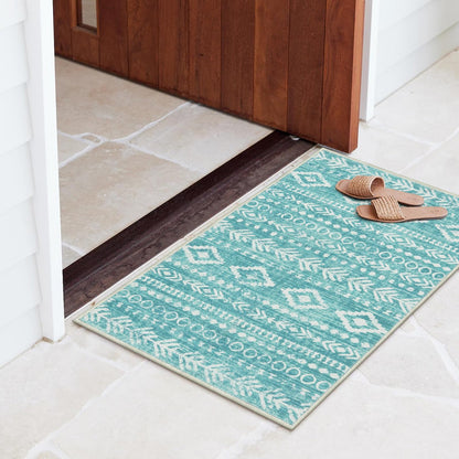 Lahome 2x3 Rustic Geometric Teal/White Area Rug, Machine Washable, Non-Slip Backing, Boho Print Design, Ultra-Thin Soft Indoor Entrance Rug