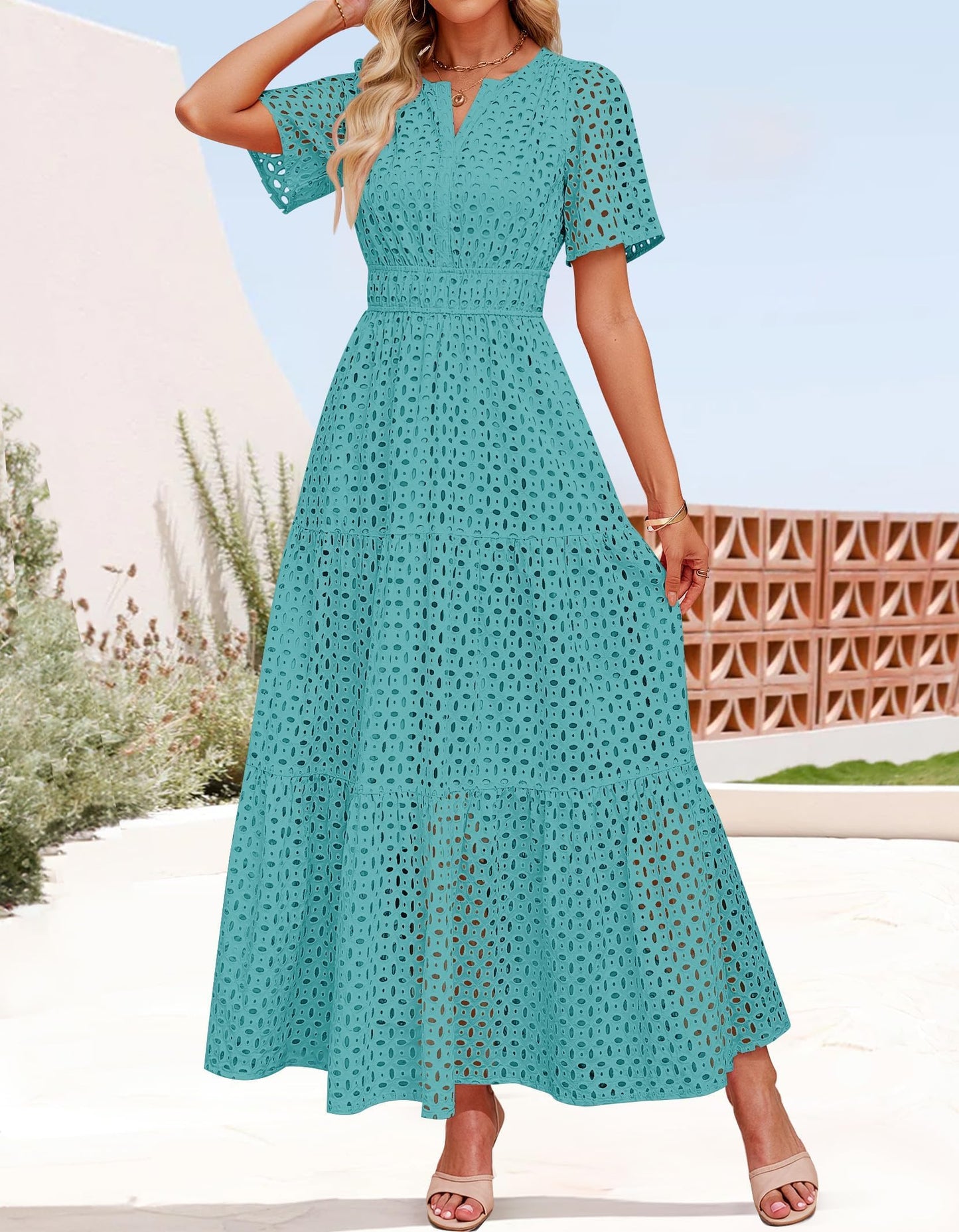 ZESICA Women's 2026 Summer Short Sleeve Maxi Dress Casual V Neck Hollow Out Eyelet Ruffle Swing A Line Long Dresses,Aqua,Large