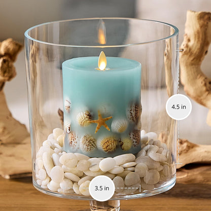 Luminara Flameless LED Candle Soft Teal Embedded Seashell & Starfish Moving Flame Pillar Unscented Real Wax with Recessed Edge, Timer (4.5-inch)