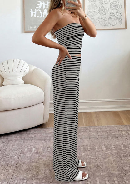 PRETTYGARDEN Two Piece Striped Sets for Women Summer Travel Outfits 2026 Spring Y2K Going Out Vacation Clothes Loungewear (Grey Black,Small)