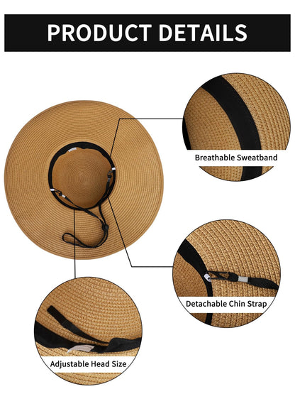 Senker Fashion Sun Hats for Women, Wide Brim Floppy Beach Straw Hat for Summer Travel Vacation Foldable with Sunglasses Khaki