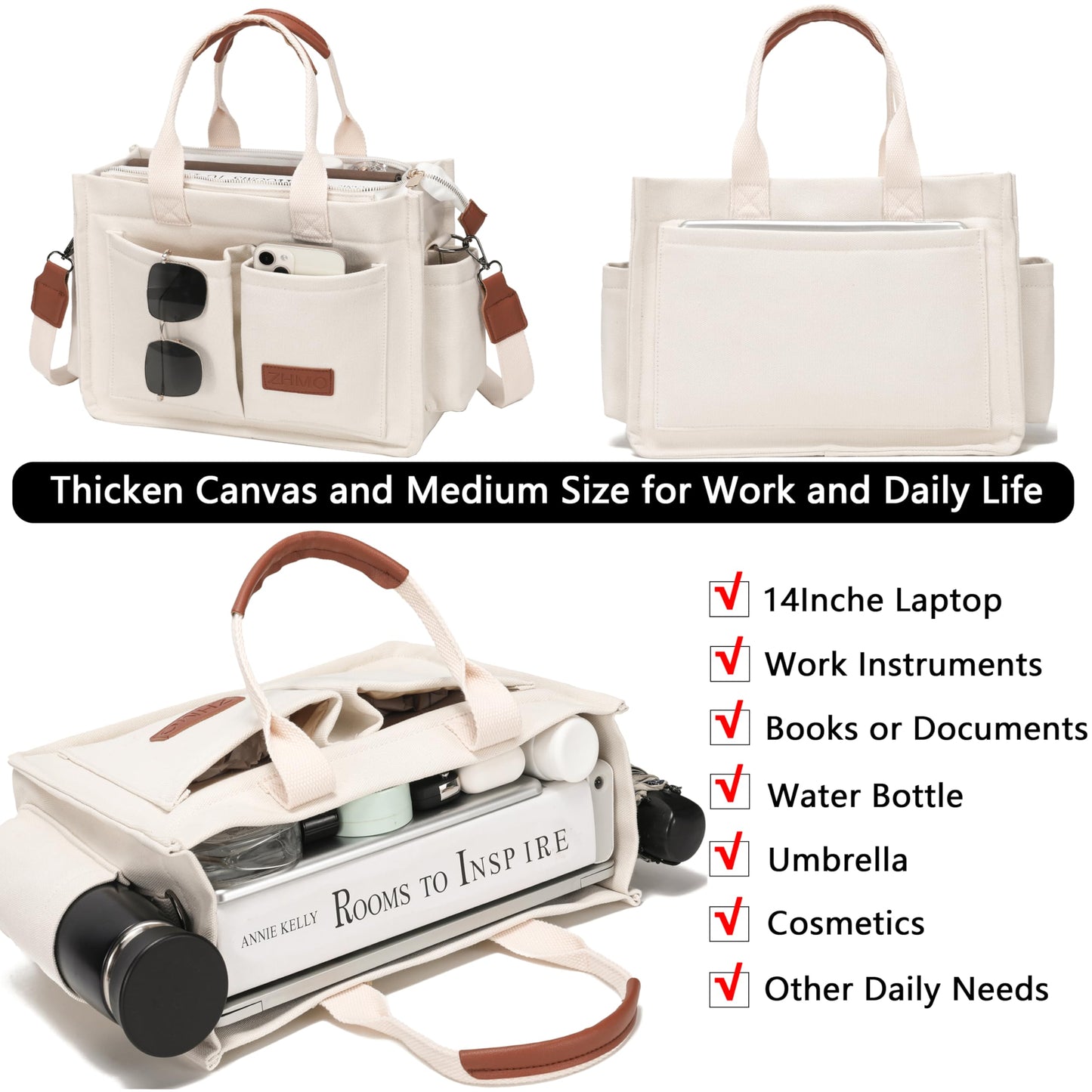 ZHMO Canvas Tote Bag for Women With Compartments and Zipper,White Women's Bags Crossbody Bags Work Laptop Tote Bag Large Satchels Handbag Tote Purse Everyday Shoulder Bag for Travel Nurse Teacher Gift