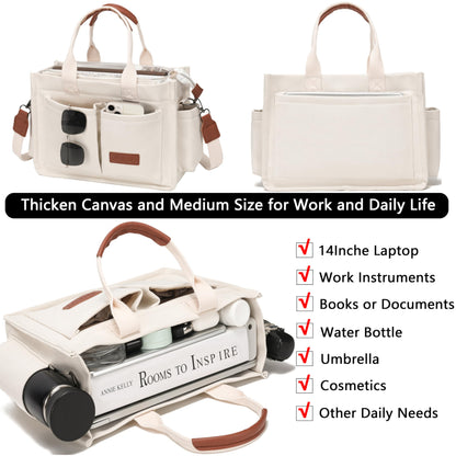 ZHMO Canvas Tote Bag for Women With Compartments and Zipper,White Women's Bags Crossbody Bags Work Laptop Tote Bag Large Satchels Handbag Tote Purse Everyday Shoulder Bag for Travel Nurse Teacher Gift