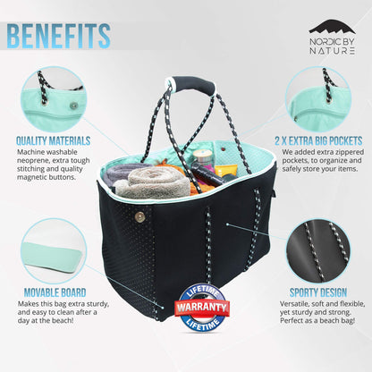 Nordic By Nature Large Designer Neoprene Beach Bag Tote For Women & Men Versatile Pool Bag With Zippered Pockets, For The Boat, Beach or Pool (Black/Turquoise)