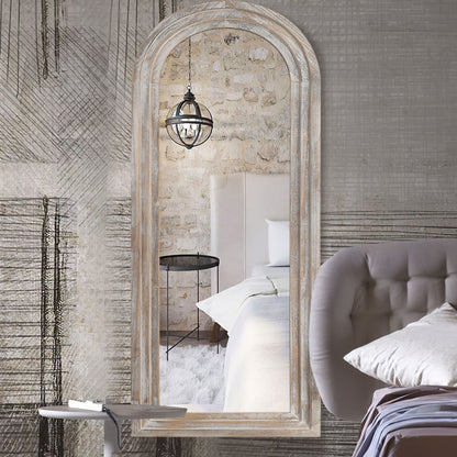 Trvone Arched Full Length Mirror - Solid Wood Frame Floor Mirror with Back Hooks for Vertical Hanging in Bedroom or Living Room (65"x22", Weathering White)