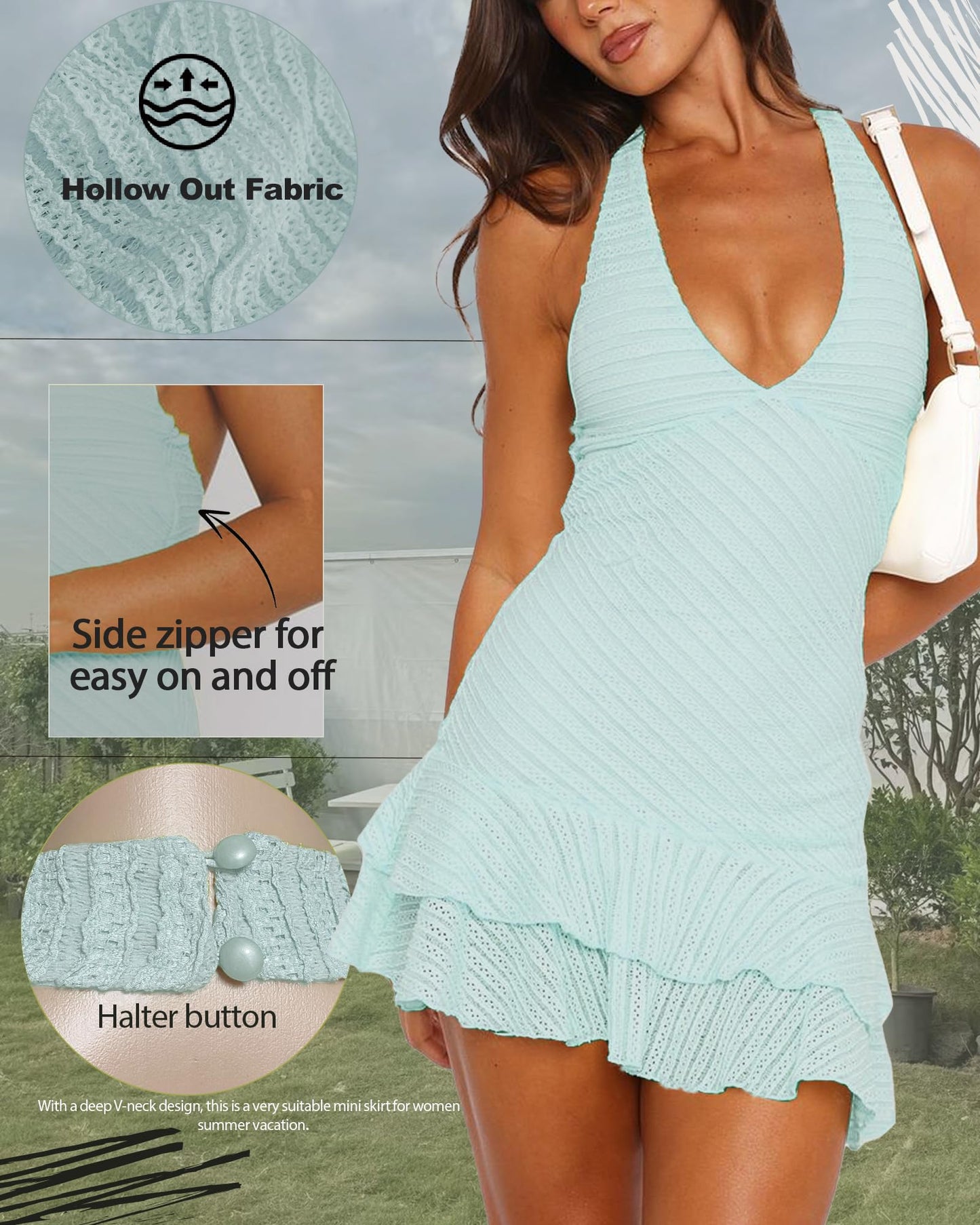 Going Out Dresses for Women Summer 2026 Sexy Halter V Neck Backless Hollow Out Ruffle Bodycon Cocktail Party Vacation Cute Mini Dress Light Blue S