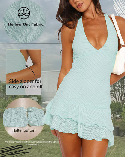 Going Out Dresses for Women Summer 2026 Sexy Halter V Neck Backless Hollow Out Ruffle Bodycon Cocktail Party Vacation Cute Mini Dress Light Blue S