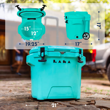 Laka Cooler with Wheels – 30QT Rotomolded Insulated Rolling Hard Cooler, Telescoping Handle, Holds 24 Cans + Ice, Up to 7 Days Cold, Drain Plug, Cup Holders + Bottle Opener, Beach/Camping | Sea Foam