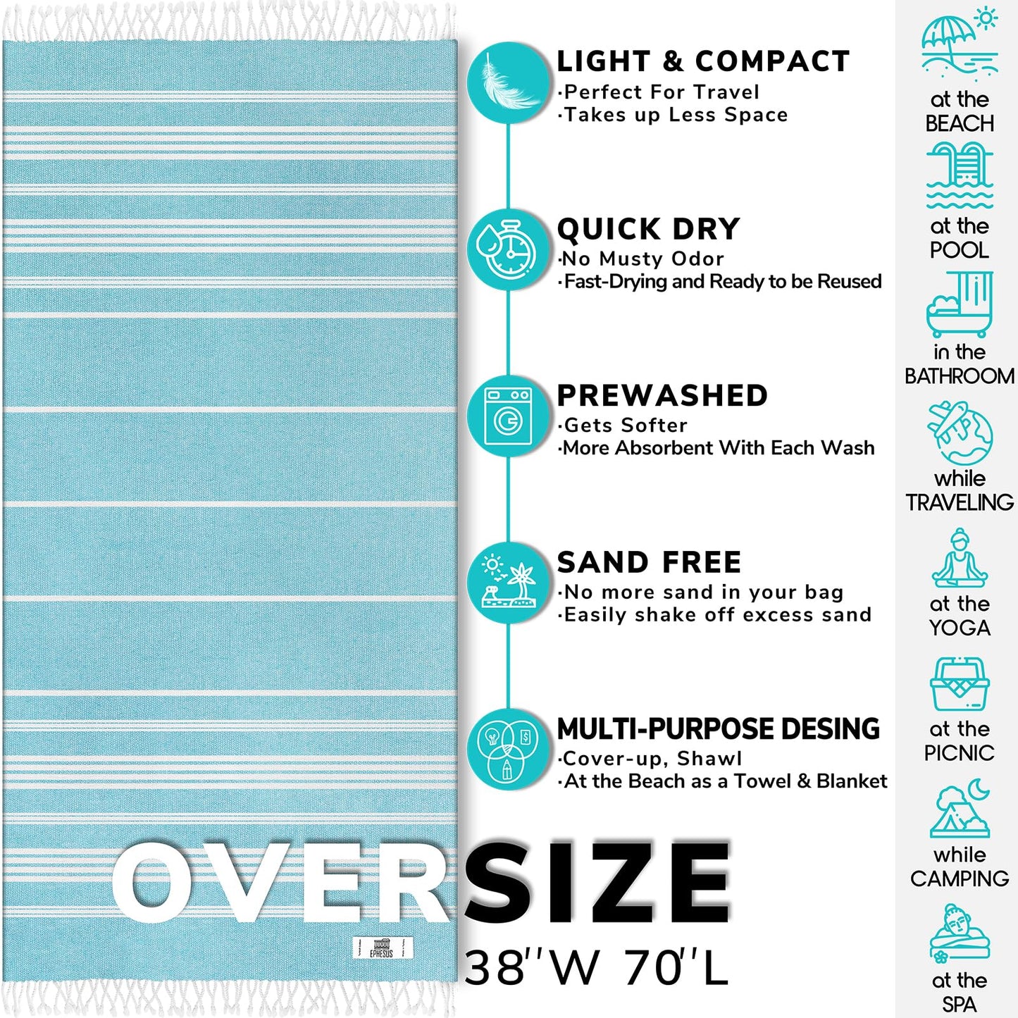EPHESUS TOWELS Turkish Beach Towel - 38x70 inch Oversized - Sultan Design - Turkish Towel for Beach, Bath, Pool, Gym, Yoga - Prewashed, Lightweight, Quick Dry (Aqua Turquoise)