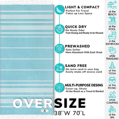 EPHESUS TOWELS Turkish Beach Towel - 38x70 inch Oversized - Sultan Design - Turkish Towel for Beach, Bath, Pool, Gym, Yoga - Prewashed, Lightweight, Quick Dry (Aqua Turquoise)