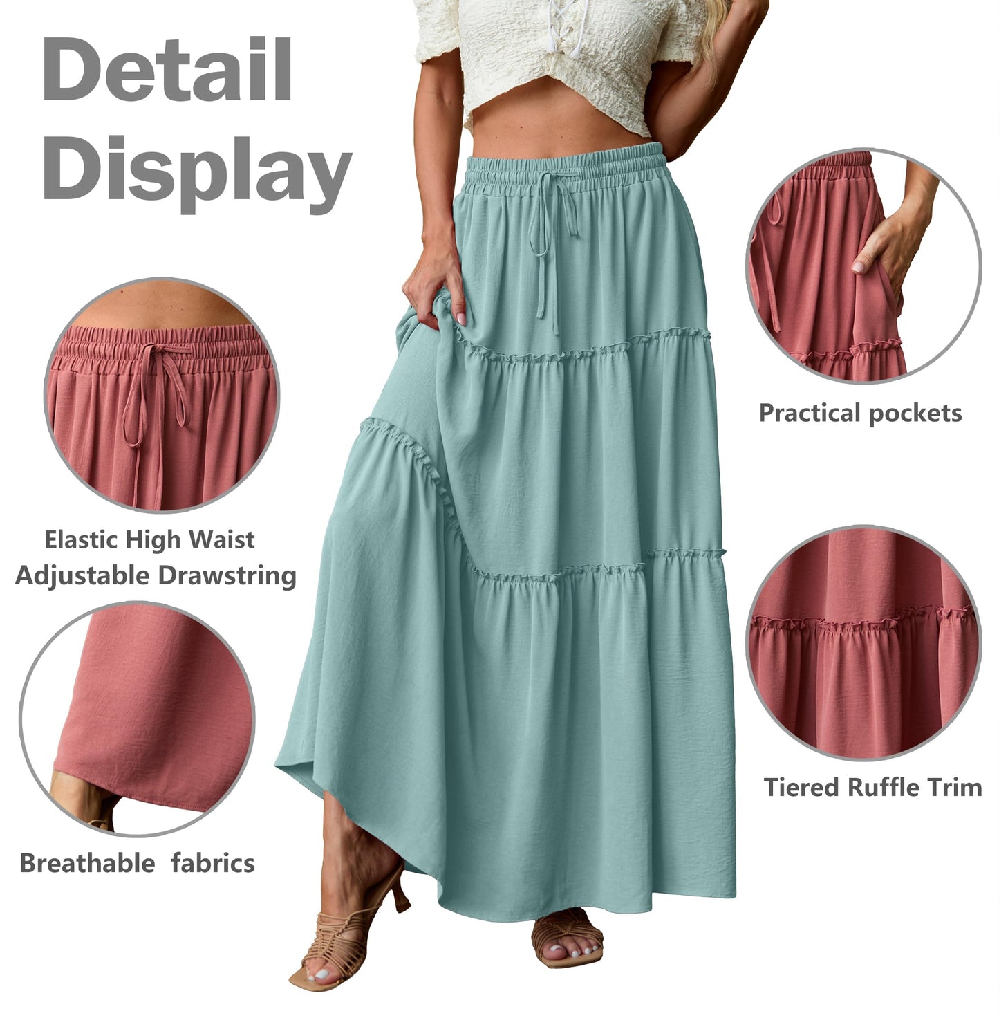 Lepunuo Casual Boho High Waisted Flowy Maxi Skirts Womens Trendy Spring Skirts with Pockets