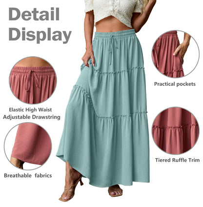 Lepunuo Casual Boho High Waisted Flowy Maxi Skirts Womens Trendy Spring Skirts with Pockets